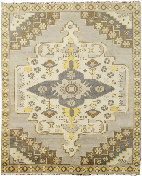 Traditional Geometric Patterned Rug with Grey and Yellow Accents 8x10
