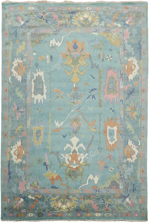 Aqua Blue and Orange Palace Rug with Floral and Geometric Patterns 12'x18'