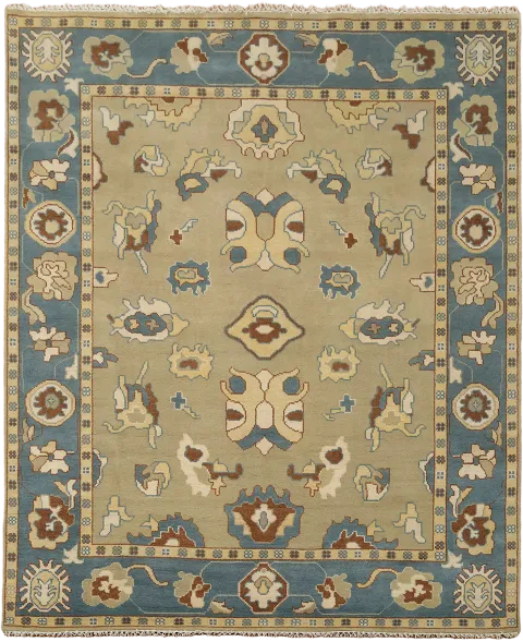 Traditional Hand-Knotted Rug with Beige Brown and Blue Border 8x10
