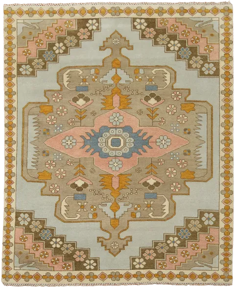 Pink and Blue Medallion Rug in Earthy Tones and Floral Patterns 8x10