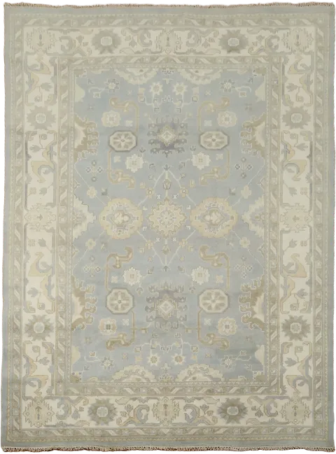 Subtle Floral Patterned Oushak Indian Rug in Soft Gray and Blue Hues 9x12