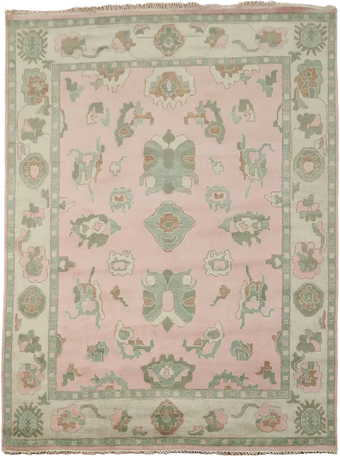 Pink and Green Traditional Oushak Hand-Knotted Wool Rug 9x12