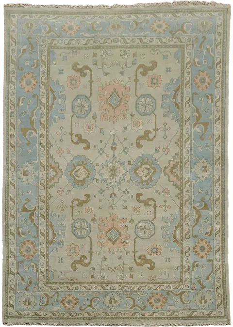 Luxurious hand-knotted rug in subtle Sage Green and Blue Border 10x14