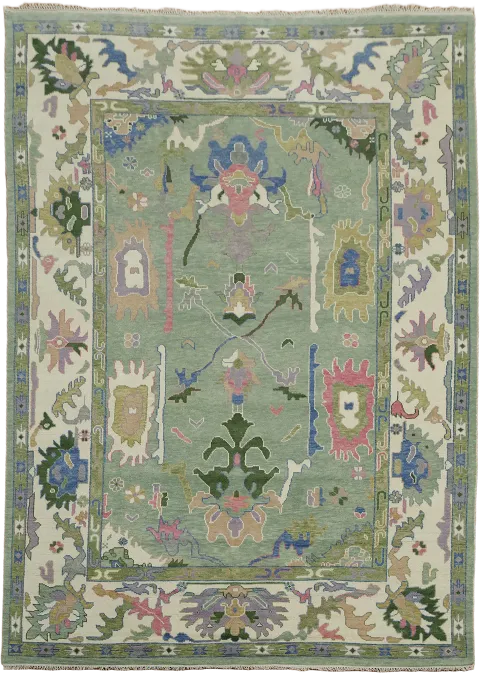 Mint Green and Ivory with Pink Highlight Oushak Oriental Large Rug 10x14