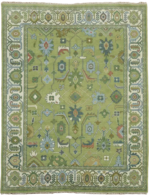 Traditional Vibrant Pistachio Green Hand-made Oushak Rug 9x12