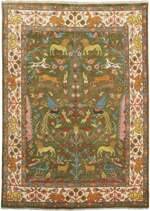 Lush Green Rug Featuring Majestic Animal and Nature Patterns 10x14
