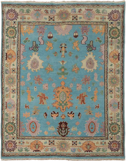 Vibrant Blue Rug with Colorful Traditional Patterns 8x10