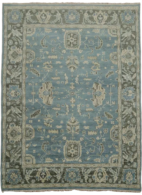 Luxurious Hand-Knotted Rug in Soft Blue Tones and Designs 9x12