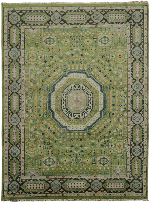 Traditional Guacamole Green Rug with Tribal Symbol 9x12