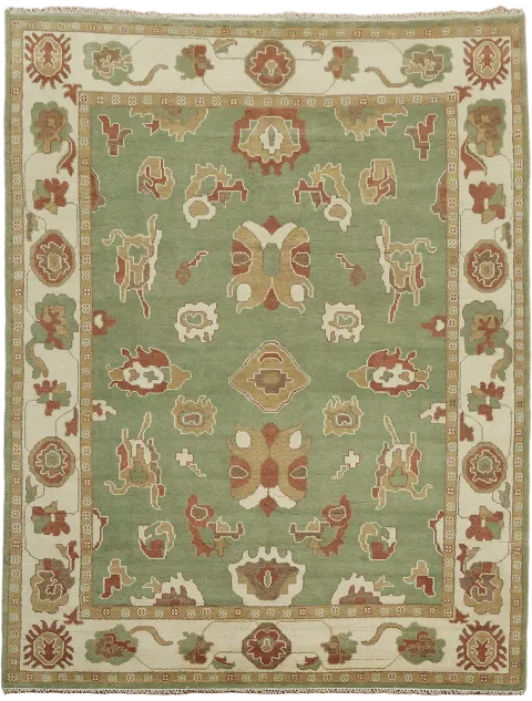 Artful Decor: Green and Rust Oushak Rug Featuring Traditional Motifs 9'x12'