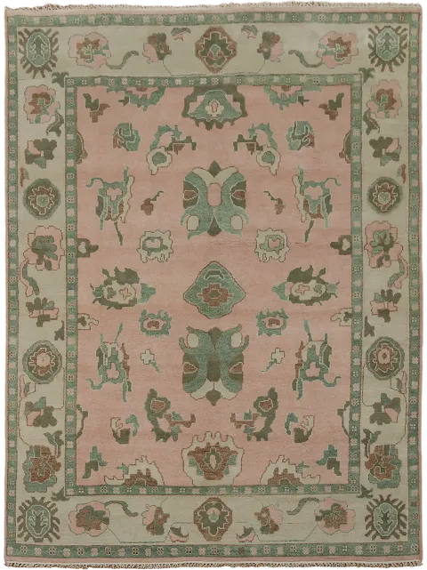 Soft Tones Light Pink and Teal Oushak Indian Area Rug 9x12