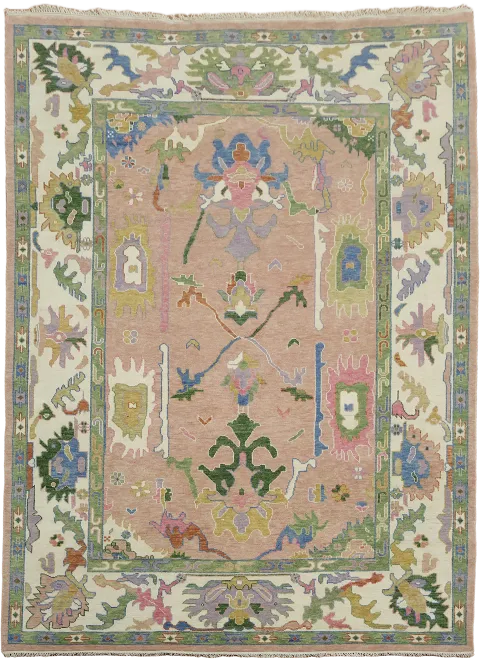 Traditional Design Pink and Ivory Oushak Rug with Floral Accents 10x14