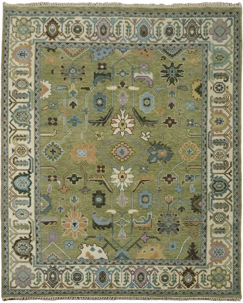 Luxurious Floral Green Oushak Wool Rug Perfect for Living Spaces 8x10