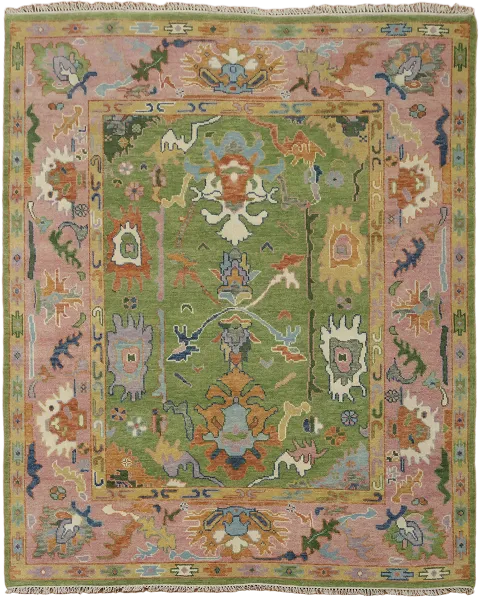 Vibrant Green Base Hand-Knotted Wool Oushak Rug with Pink Border 8x10