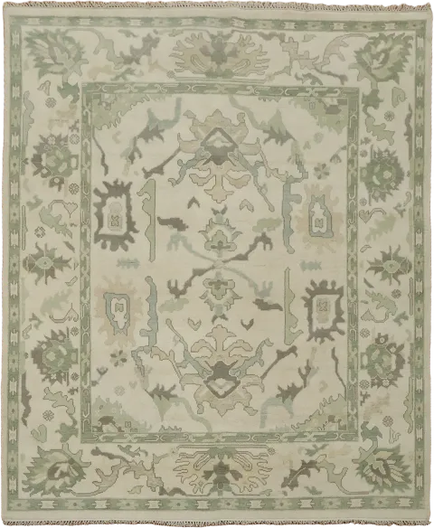 Green and Beige All-Over Pattern Hand-Knotted Wool Rug 8x10