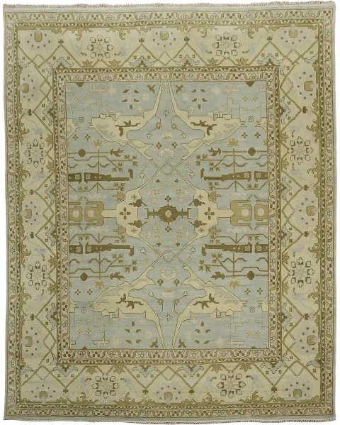 Luxurious Beige Green and Light Blue Oushak Hand-made Rug 12'x15'