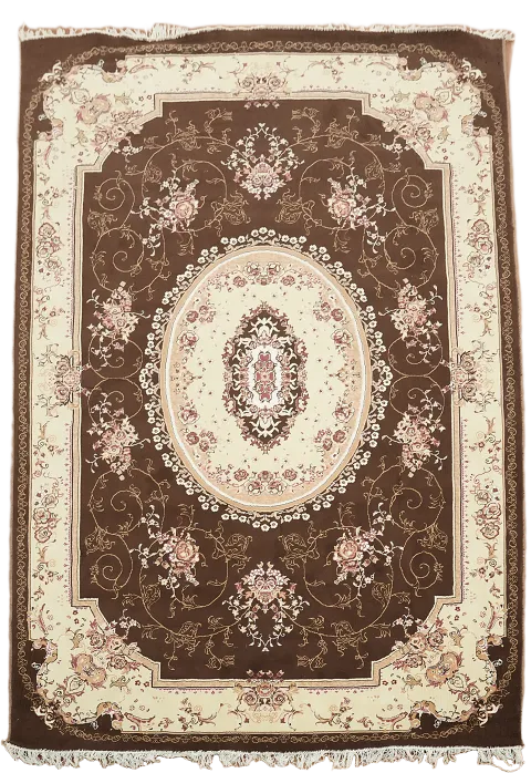 Traditional Brown and Cream Rug with Ornate Floral Design 7x10 ft