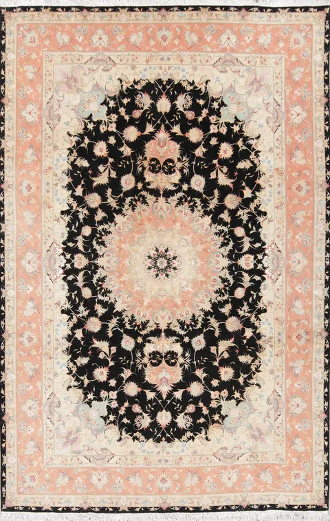 Luxurious Black and Salmon Tabriz Persian Rug Exquisite Floral Details 7x10