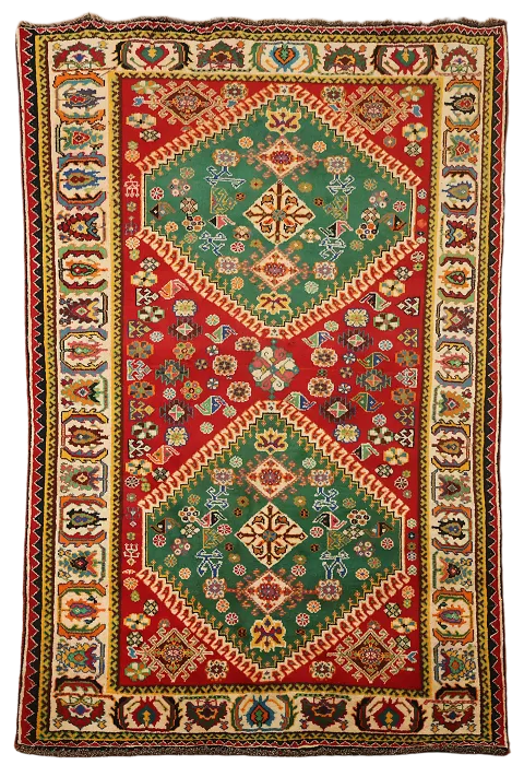 Vegetable Dye Vintage Qashqai Shiraz Persian Red and Green Rug 5x7