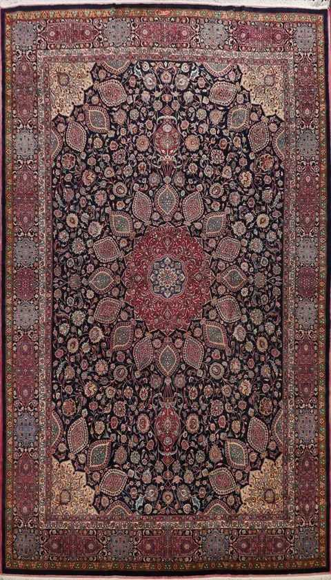 Navy Blue Floral Mashad Persian Large Rug 11x15