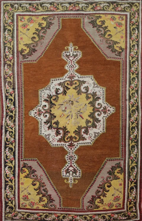 Pre-1900 Vegetable Dye Rust and Yellow Oushak Turkish Rug 5x7
