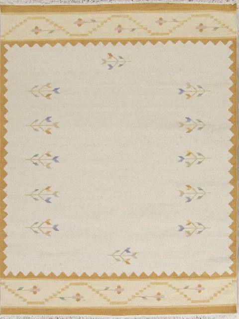 Minimalist Floral Flat-Weave Kilim Rug with Earthy Border and Subtle Charm