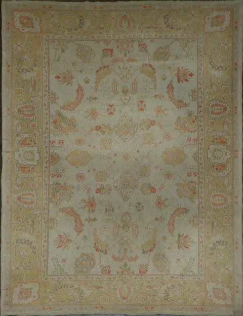 Antique Muted Green and Gold Oushak Turkish Living Room Rug 9x12