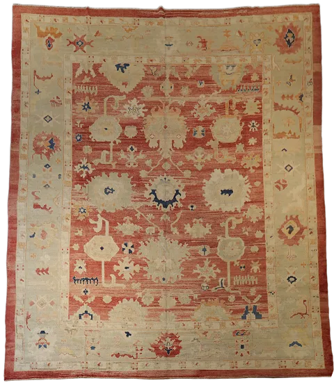 Geometric Red Oushak Turkish Oriental Hand-Knotted Area Rug Wool 13x15