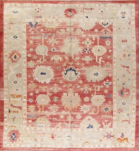 Geometric Red Oushak Turkish Oriental Hand-Knotted Area Rug Wool 13x15