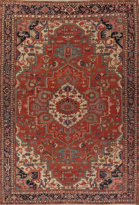 Pre-1900 Antique Vegetable Dye Geometric Heriz Serapi Persian Area Rug 12x16