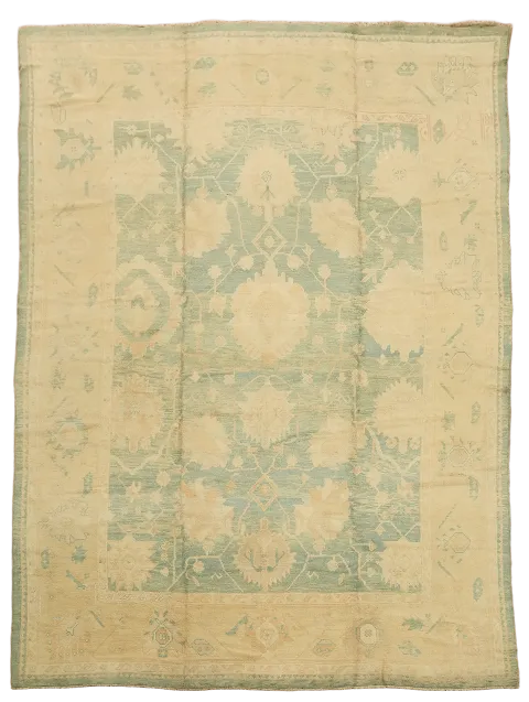 Vegetable Dye Muted Blue and Beige Oushak Turkish Hand-Knotted Area Rug 10x14