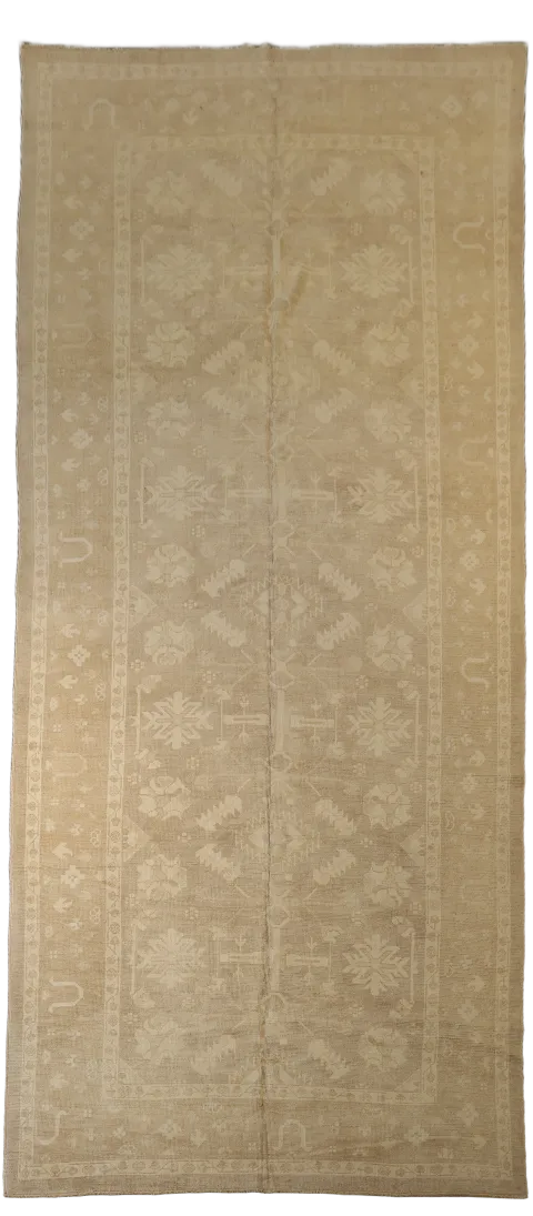Vegetable Dye Muted Beige Oushak Turkish Hand-Knotted Rug 7x16