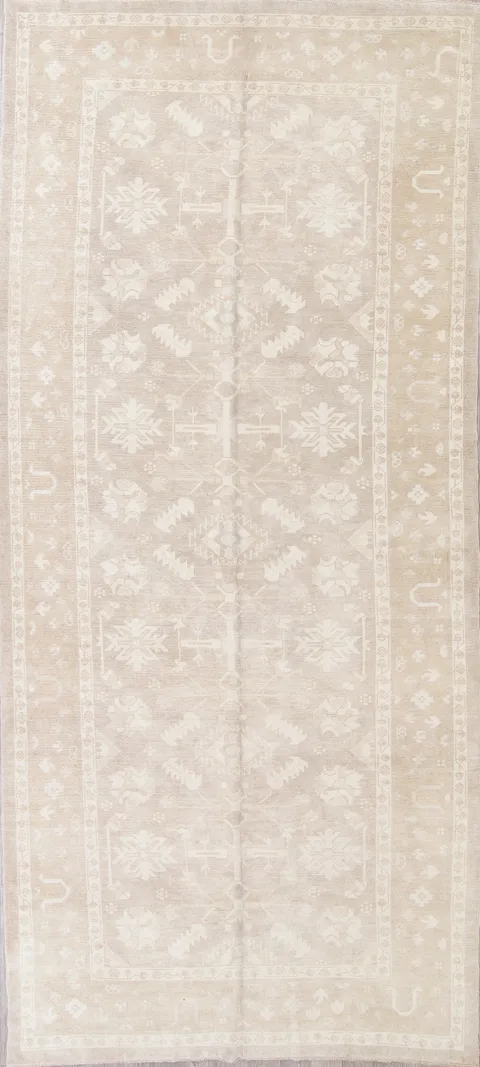 Vegetable Dye Muted Tan Oushak Turkish Hand-Knotted Runner Rug 7x16