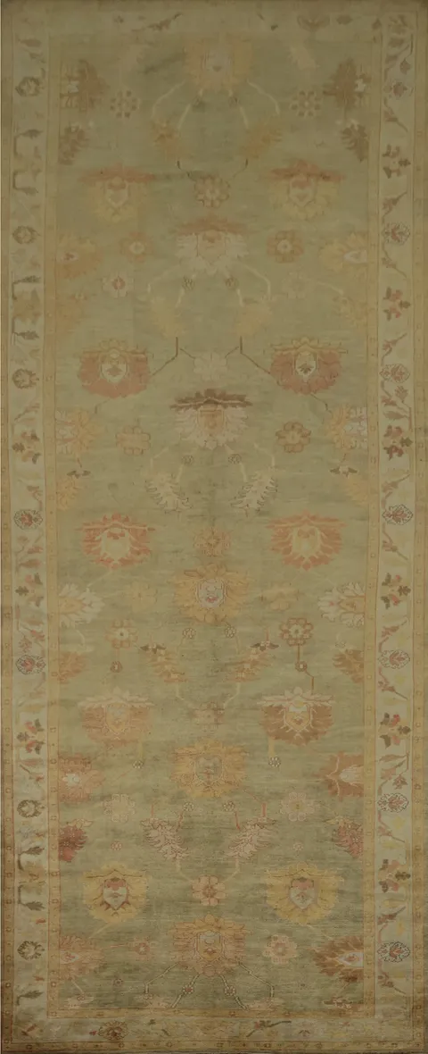 Muted Green Floral Vintage Look Oushak Turkish Rug 7x22