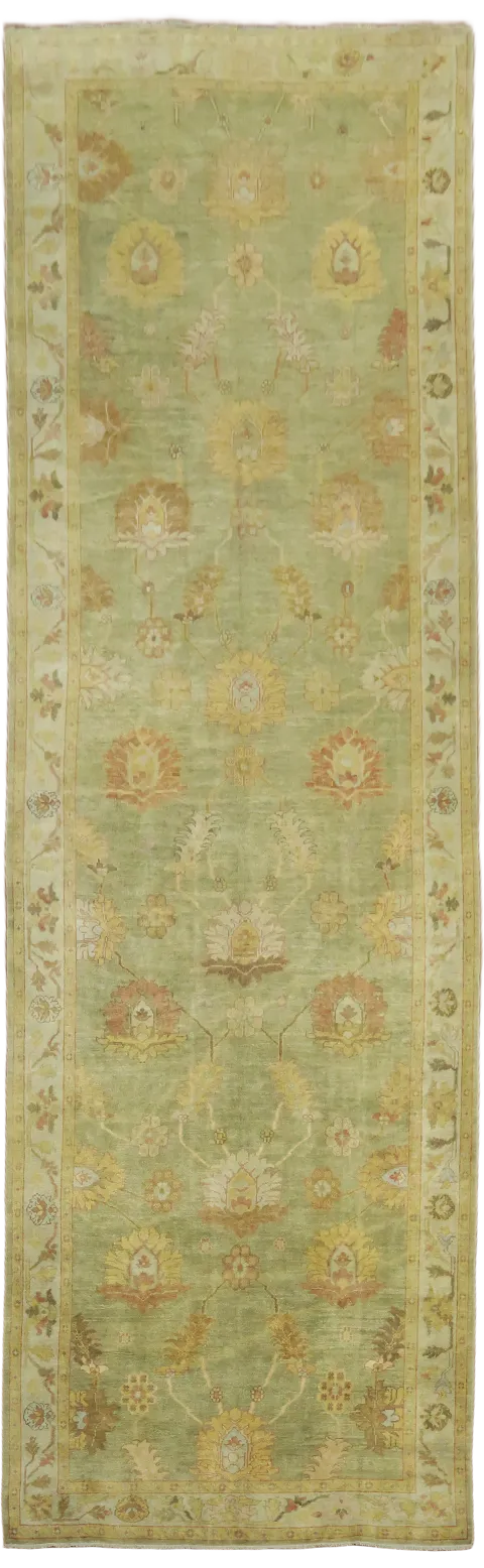 Muted Green Floral Vintage Look Oushak Turkish Rug 7x22