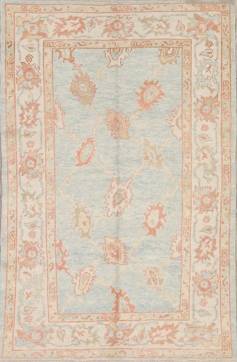 Vegetable Dye Muted Blue Oushak Turkish Hand-Knotted Area Rug 4x7