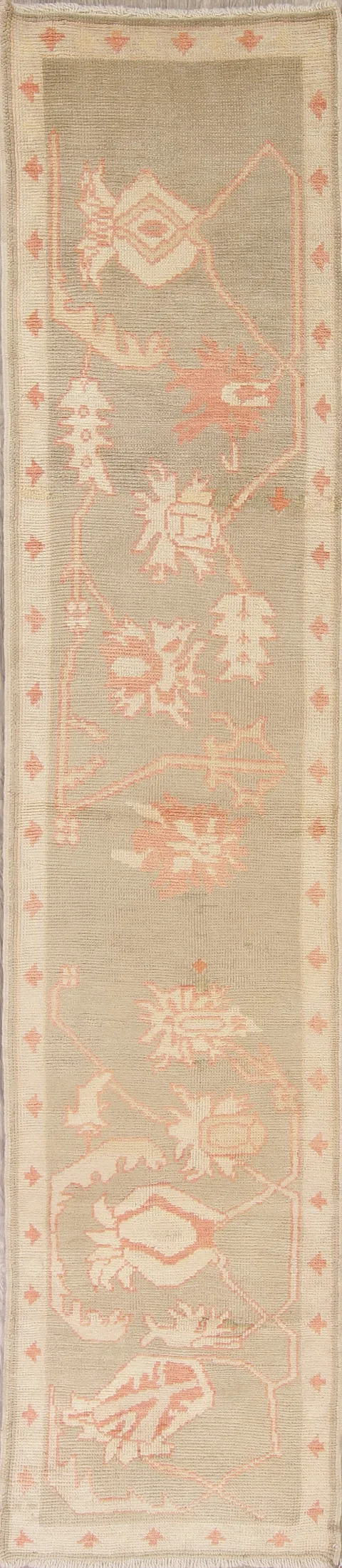 Vegetable Dye Muted All-Over Green Oushak Turkish Hand-Knotted Runner Rug 3x12