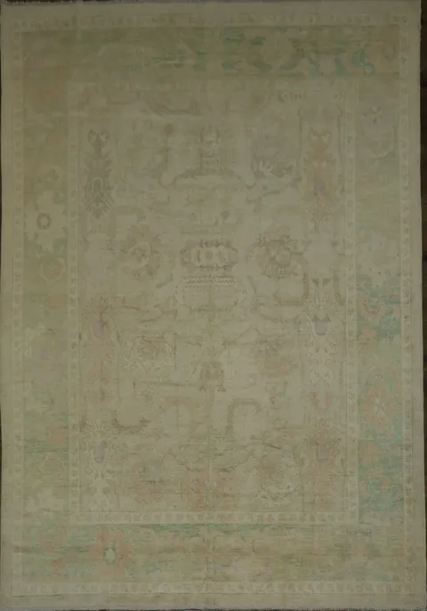 Vegetable Dye Antique Look Oushak Turkish Beige Green Patterned Area Rug 9x13
