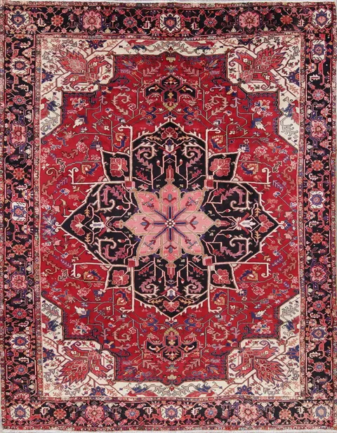 Geometric Red Heriz Serapi Persian Hand-Knotted 10x13 Wool Area Rug