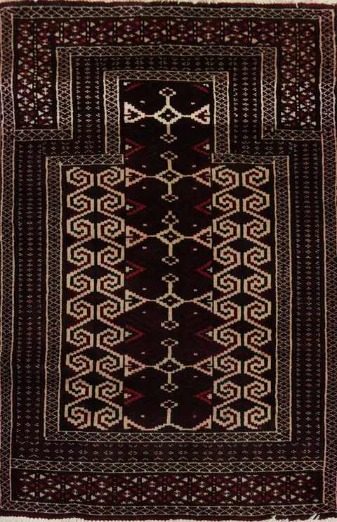 Dark Burgundy Geometric Balouch Persian Rug 3x4
