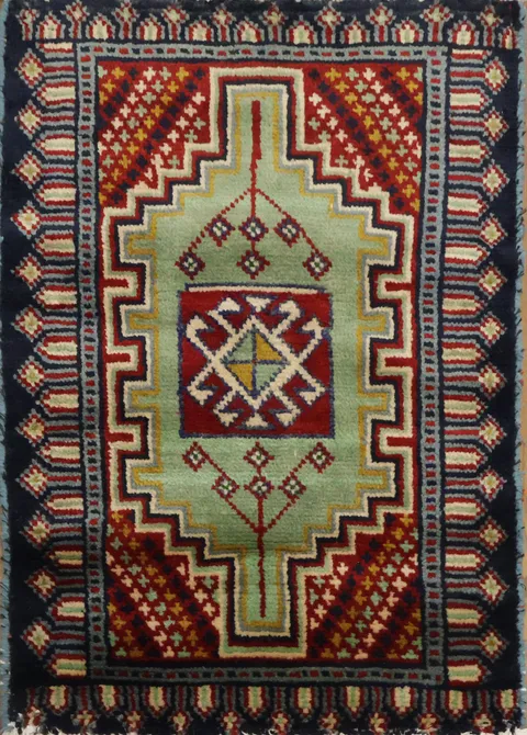 Vibrant Geometric Pattern Green Kazak Rug with Bold Red Accents 2'x3'