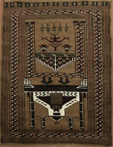Geometric Pray Brown Balouch Persian Hand-Knotted 3x4 Wool Rug