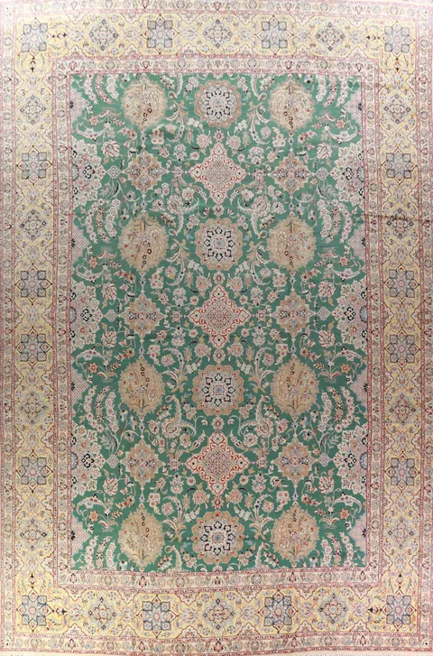 Palace Sized Wool & Silk Green Nain Persian Rug 16x26