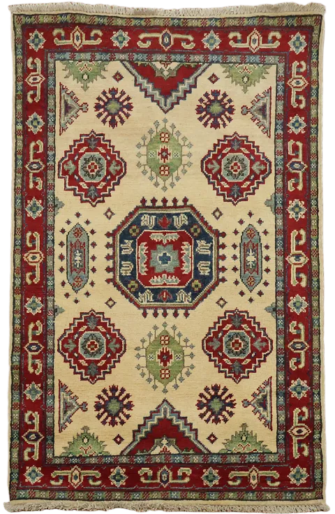 Authentic Kazak Cream and Red Rug with Traditional Tribal Designs 3x4