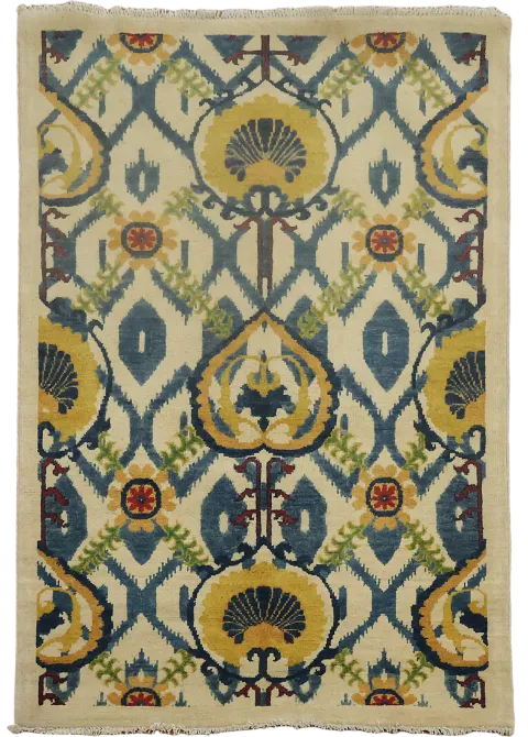 Traditional Blue and Yellow Rug with Ornate Floral Designs 4x5