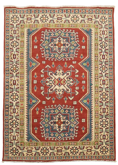 Red Super Kazak Chechen Oriental Wool Rug 4x6