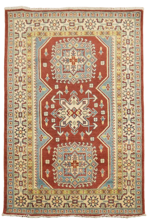 Red Super Kazak Chechen Oriental Wool Rug 4x6