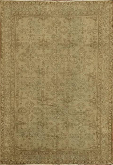 Distressed Beige and Brown Vintage Geometric Persian Rug 7x10