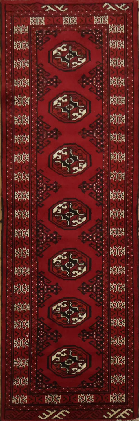 Hand-Knotted Bokhara Red Runner Features Authentic Tribal Motifs 2'x6'