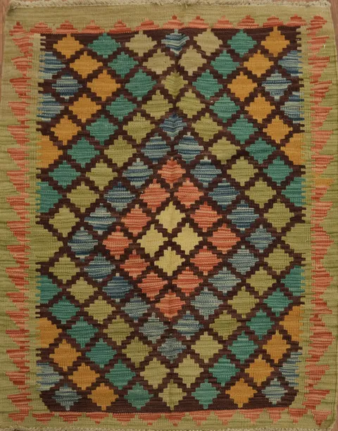 Flat-Woven Geometric Kilim Turkish Area Rug 3x4